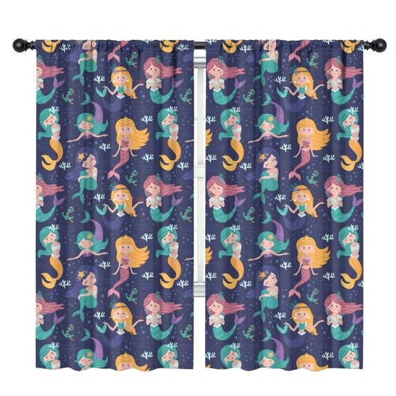 Blackout Kids Curtains,Dark Blue Mermaid Princess Pattern Childrens Insulated Curtains Set Of 2,Bedroom Essentials,Toddler Room Decor 42"x84"
