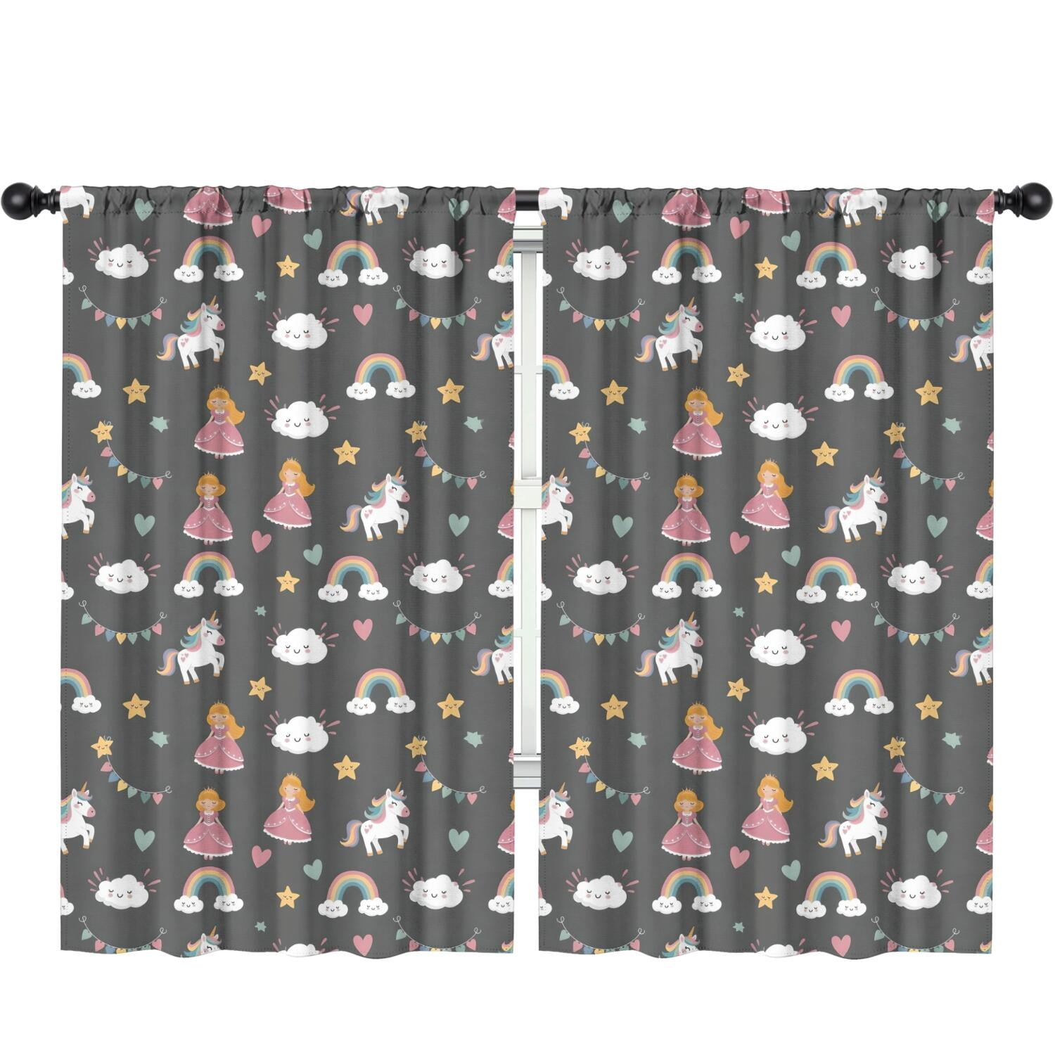 Blackout Kids Curtains,Dark Gray Princess Unicorn Cloud Pattern