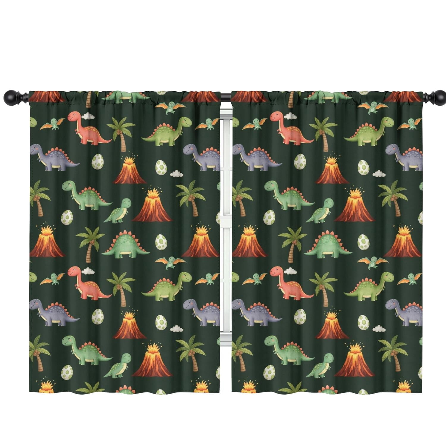 Blackout Kids Curtains,Dark Green Toned Dinosaur and Volcano Pattern Childrens Insulated Curtains Set Of 2,Bedroom Essentials,Toddler Room Decor 42"x63"