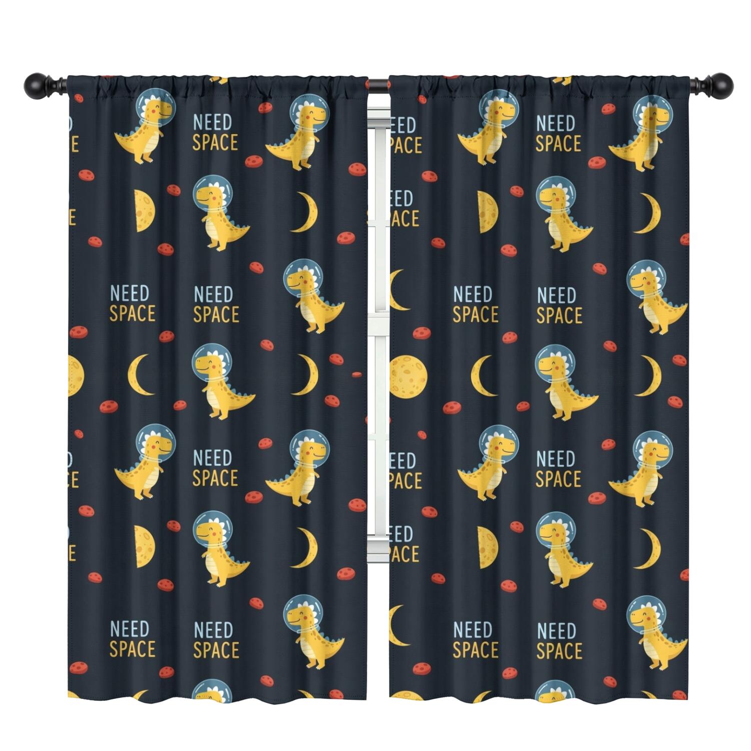 Blackout Kids Curtains,DarkBlue Cartoon Dinosaurs Astronauts Pattern Childrens Insulated Curtains Set Of 2,Bedroom Essentials,Toddler Room Decor 42"x84"