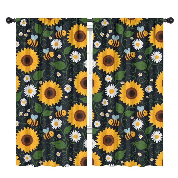 Blackout Kids Curtains,DarkBlue Sunflower Bee Pattern Childrens Insulated Curtains Set Of 2,Bedroom Essentials,Toddler Room Decor 42"x84"