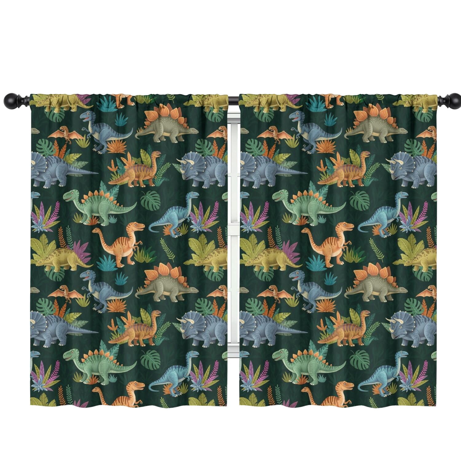 Blackout Kids Curtains,DarkGreen Cartoon Dinosaurs Jungle Pattern Childrens Insulated Curtains Set Of 2,Bedroom Essentials,Toddler Room Decor 42"x63"