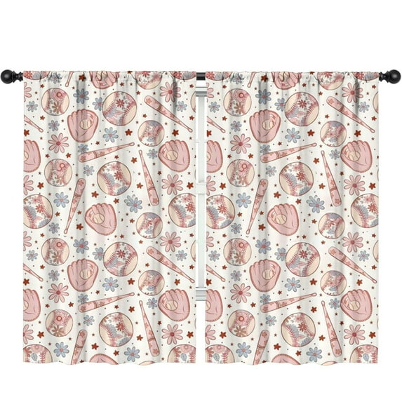 Blackout Kids Curtains,Floral Baseball Pattern Childrens Insulated Curtains Set Of 2,Bedroom Essentials,Toddler Room Decor 52"x84"