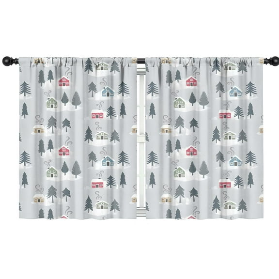 Blackout Kids Curtains,Gray Christmas House and Tree Pattern Childrens Insulated Curtains Set Of 2,Bedroom Essentials,Toddler Room Decor 42"x54"
