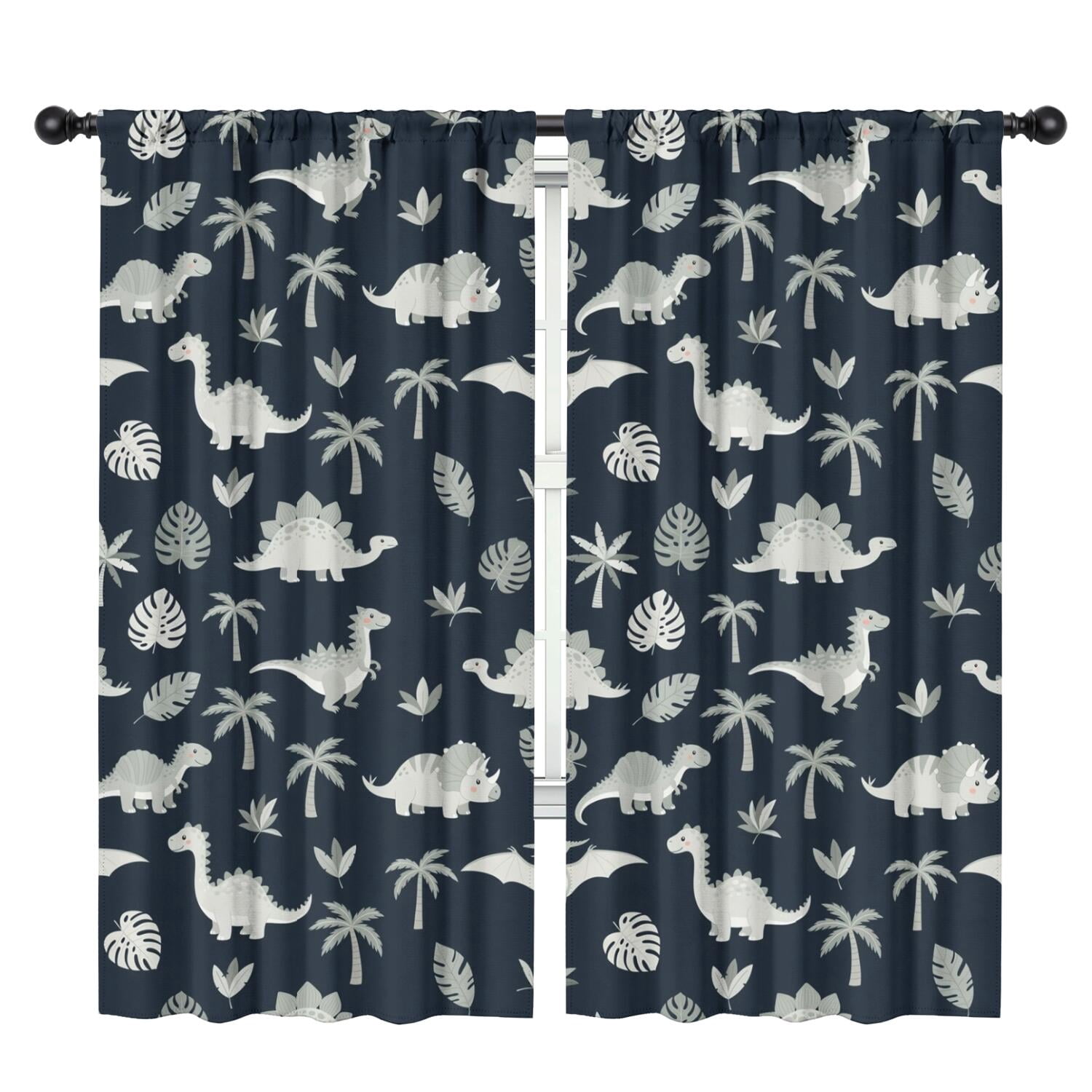 Blackout Kids Curtains,Gray Dinosaurs Exotic Leaves Childrens Insulated Curtains Set Of 2,Bedroom Essentials,Toddler Room Decor 42"x84"