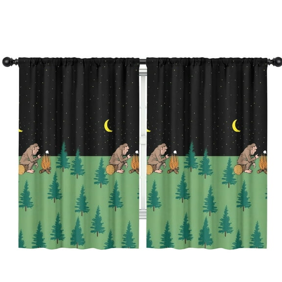 Blackout Kids Curtains,Green Bigfoot and Campfire Pattern Childrens Insulated Curtains Set Of 2,Bedroom Essentials,Toddler Room Decor 42x63in(106x160cm)