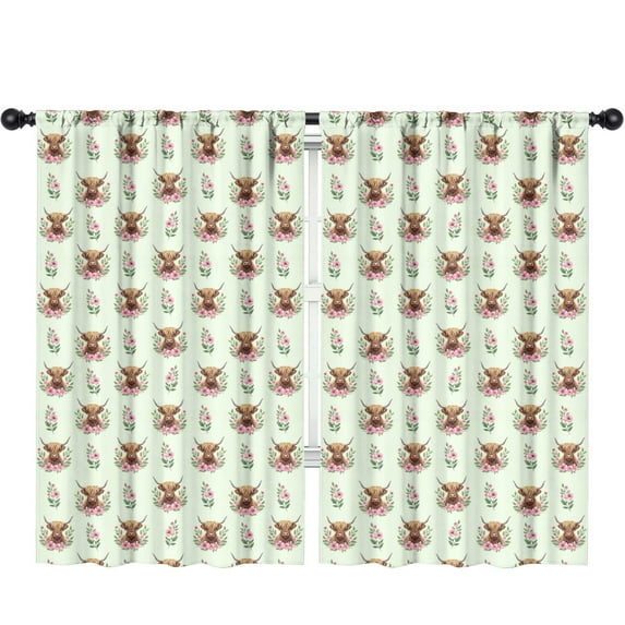 Blackout Kids Curtains,Green Highland Cow Flower Pattern Childrens Insulated Curtains Set Of 2,Bedroom Essentials,Toddler Room Decor 52"x84"