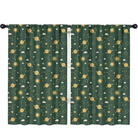 Blackout Kids Curtains,Green Sun Moon Star Planet Cloud Pattern Childrens Insulated Curtains Set Of 2,Bedroom Essentials,Toddler Room Decor 52"x84"