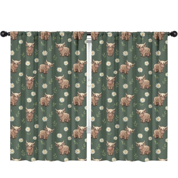 Blackout Kids Curtains,Highland Cow and Daisy Print Children's Insulated Curtains Set Of 2,Bedroom Essentials,Toddler Room Decor 52"x84"