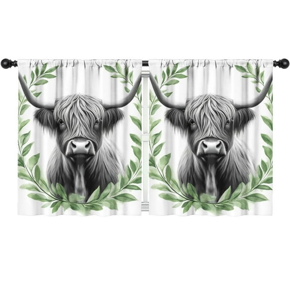 Blackout Kids Curtains,Highland Cow with Green Wreath Childrens Insulated Curtains Set Of 2,Bedroom Essentials,Toddler Room Decor 52x63in(132x160cm)