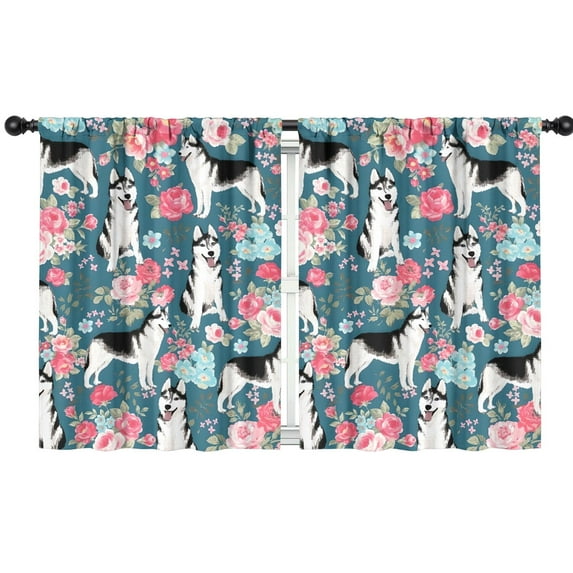 Blackout Kids Curtains,Husky Dog Flower Floral Childrens Insulated Curtains Set Of 2,Bedroom Essentials,Toddler Room Decor 42x54in(106x137cm)