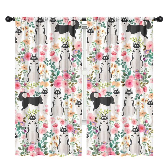 Blackout Kids Curtains,Husky Dog Flower Floral Childrens Insulated Curtains Set Of 2,Bedroom Essentials,Toddler Room Decor 42x84in(106x213cm)