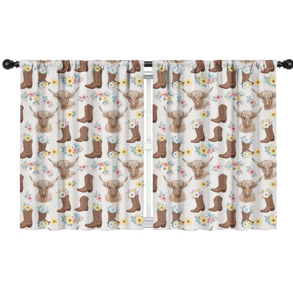 Blackout Kids Curtains,Lightgray Highland Cow Boot Flower Pattern Childrens Insulated Curtains Set Of 2,Bedroom Essentials,Toddler Room Decor 42"x54"