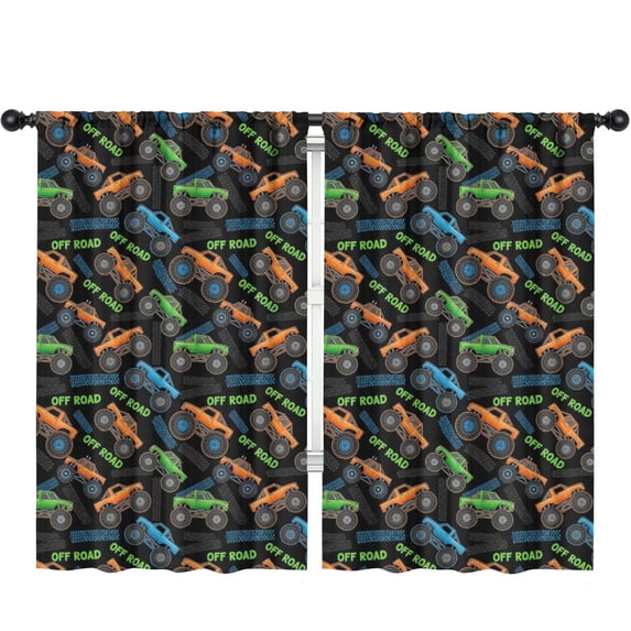 Blackout Kids Curtains,Monster Cartoon Truck Black Pattern Children's Insulated Curtains Set Of 2,Bedroom Essentials,Toddler Room Decor 52"x84"
