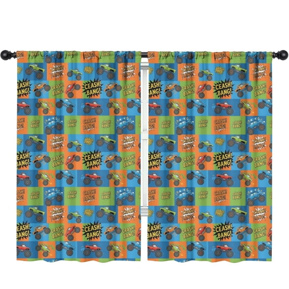 Blackout Kids Curtains,Monster Cartoon Truck Blue Pattern Children's Insulated Curtains Set Of 2,Bedroom Essentials,Toddler Room Decor 52"x84"