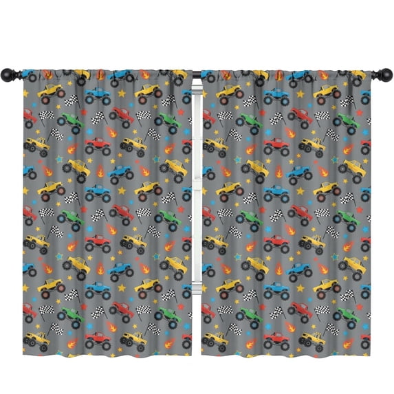 Blackout Kids Curtains,Monster Cartoon Truck Gray Pattern Children's Insulated Curtains Set Of 2,Bedroom Essentials,Toddler Room Decor 52"x84"