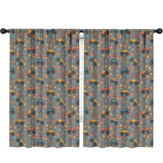Blackout Kids Curtains,Monster Cartoon Truck Gray Pattern Children's Insulated Curtains Set Of 2,Bedroom Essentials,Toddler Room Decor 52"x84"