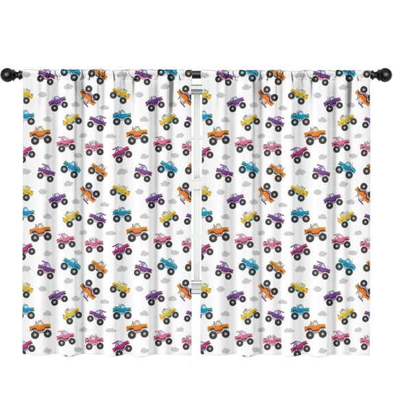 Blackout Kids Curtains,Monster Cartoon Truck White Pattern Children's Insulated Curtains Set Of 2,Bedroom Essentials,Toddler Room Decor 52"x84"