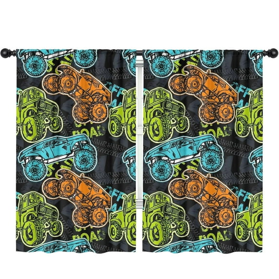 Blackout Kids Curtains,Monster Cartoon Trucks Cars Pattern Childrens Insulated Curtains Set Of 2,Bedroom Essentials,Toddler Room Decor 52"x84"(132x213cm)
