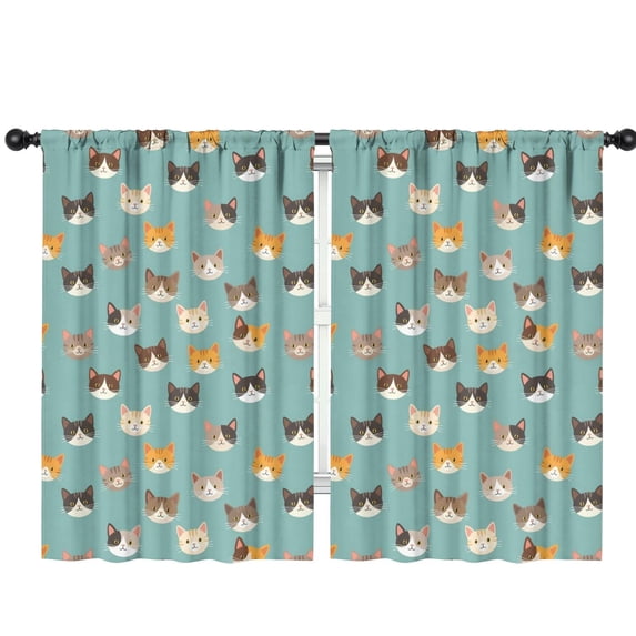 Blackout Kids Curtains,Multicolor Cat Head Teal Pattern Children's Insulated Curtains Set Of 2,Bedroom Essentials,Toddler Room Decor 42"x63"