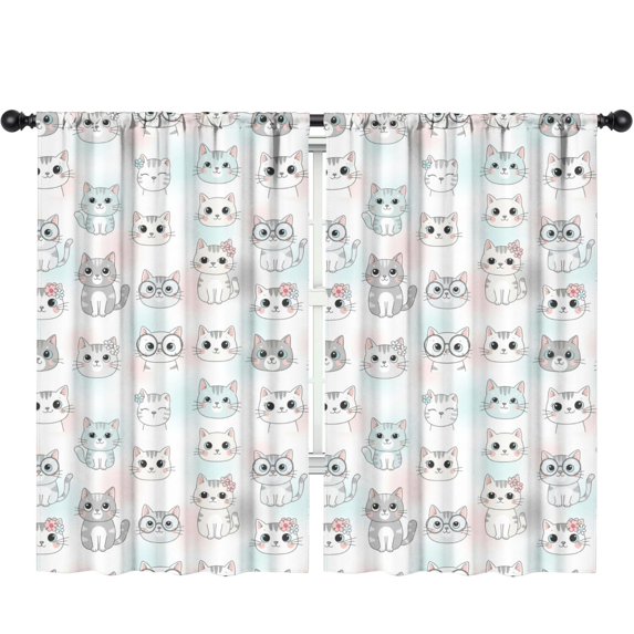 Blackout Kids Curtains,Multicolor Cat Head White Pattern Children's Insulated Curtains Set Of 2,Bedroom Essentials,Toddler Room Decor 52"x84"