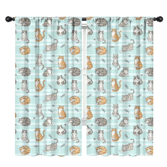 Blackout Kids Curtains,Multicolor Cat and Fishbone Blue Pattern Children's Insulated Curtains Set Of 2,Bedroom Essentials,Toddler Room Decor 42"x84"