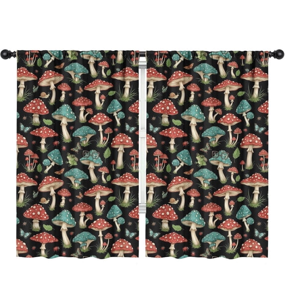 Blackout Kids Curtains,Mushroom and Frog Butterfly Black Pattern Children's Insulated Curtains Set Of 2,Bedroom Essentials,Toddler Room Decor 52"x84"