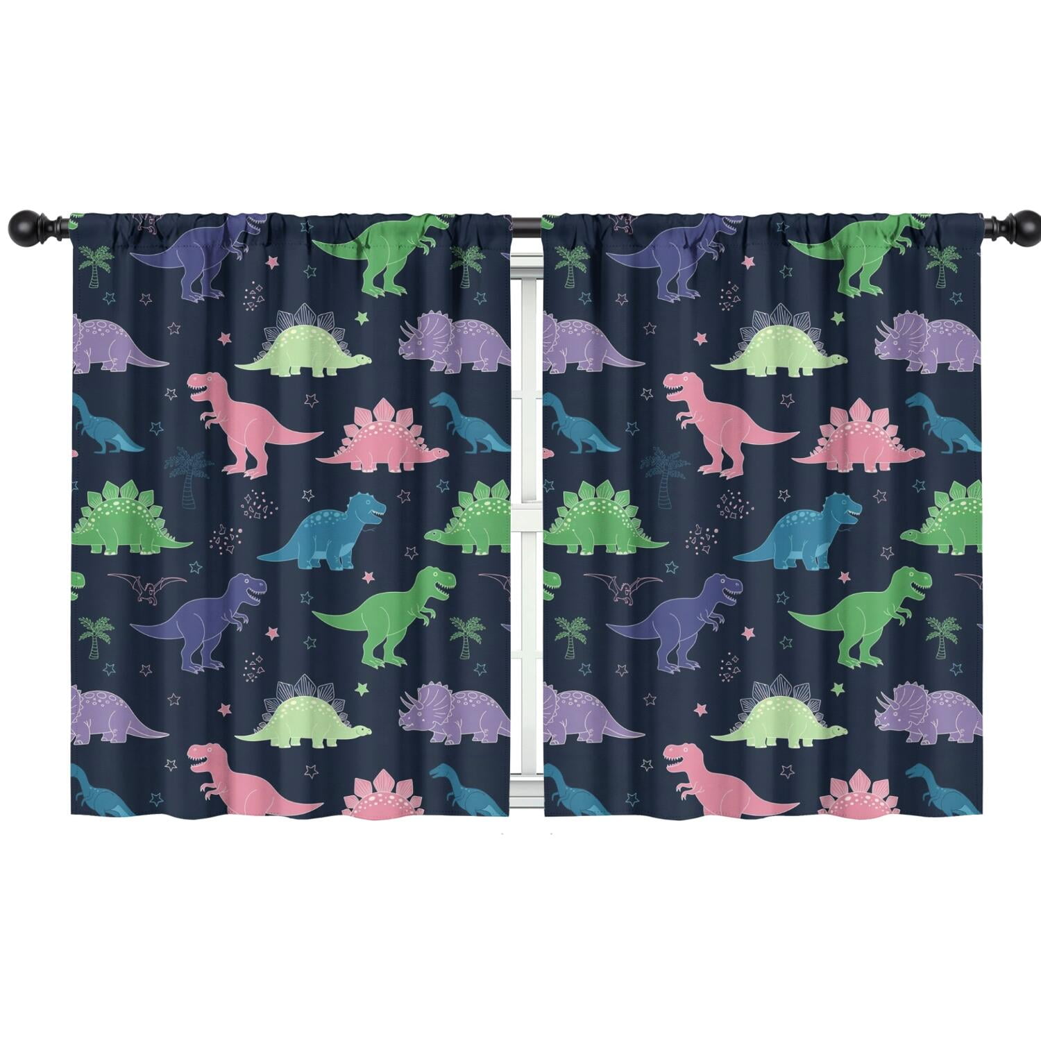 Blackout Kids Curtains,Neon Outline Dinosaurs Vibrant Childrens
