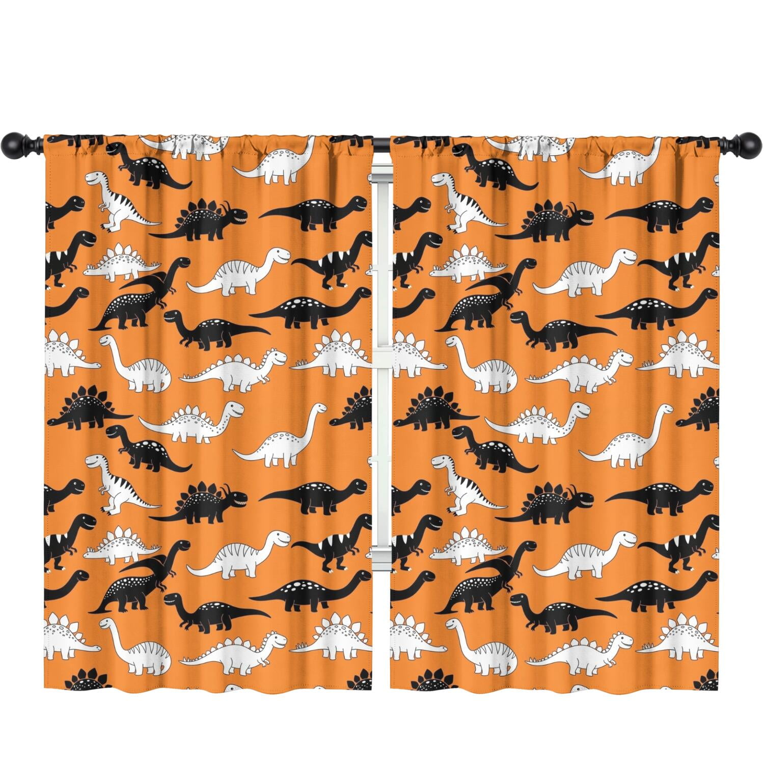 Blackout Kids Curtains,Orange Cartoon Black White Dinosaurs Pattern Childrens Insulated Curtains Set Of 2,Bedroom Essentials,Toddler Room Decor 52"x84"