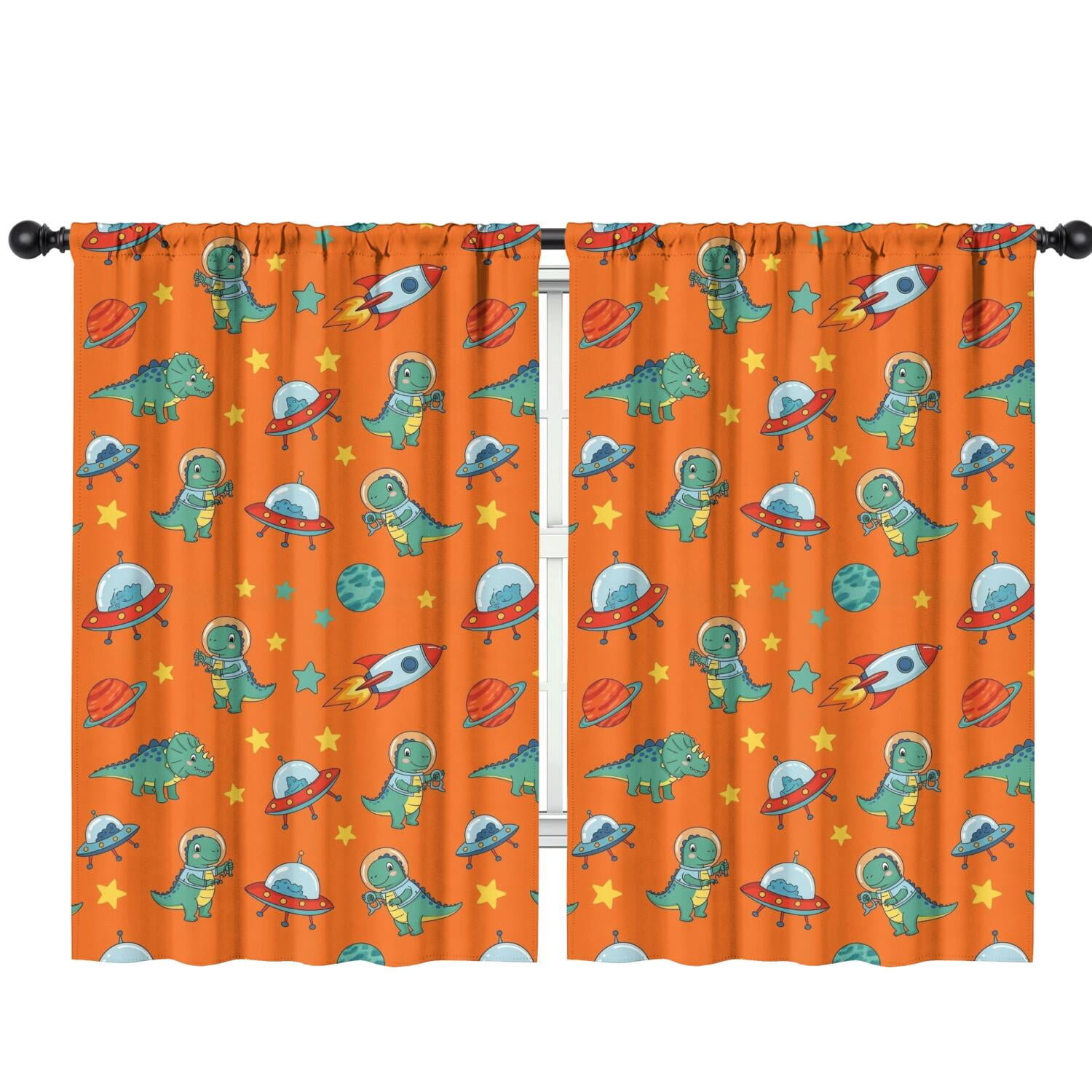 Blackout Kids Curtains,Orange Cartoon Dinosaurs Rockets Planets Pattern Childrens Insulated Curtains Set Of 2,Bedroom Essentials,Toddler Room Decor 42"x63"