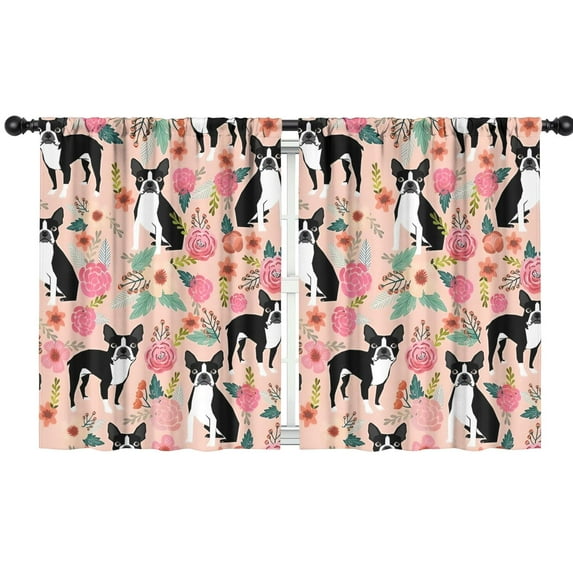 Blackout Kids Curtains,Pink Boston Terrier and Flower Childrens Insulated Curtains Set Of 2,Bedroom Essentials,Toddler Room Decor 42x54in(106x137cm)