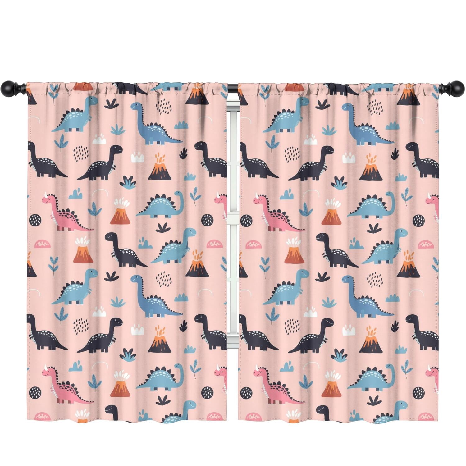 Blackout Kids Curtains,Pink Cartoon Dinosaurs Volcanoes Pattern Childrens Insulated Curtains Set Of 2,Bedroom Essentials,Toddler Room Decor 52"x84"
