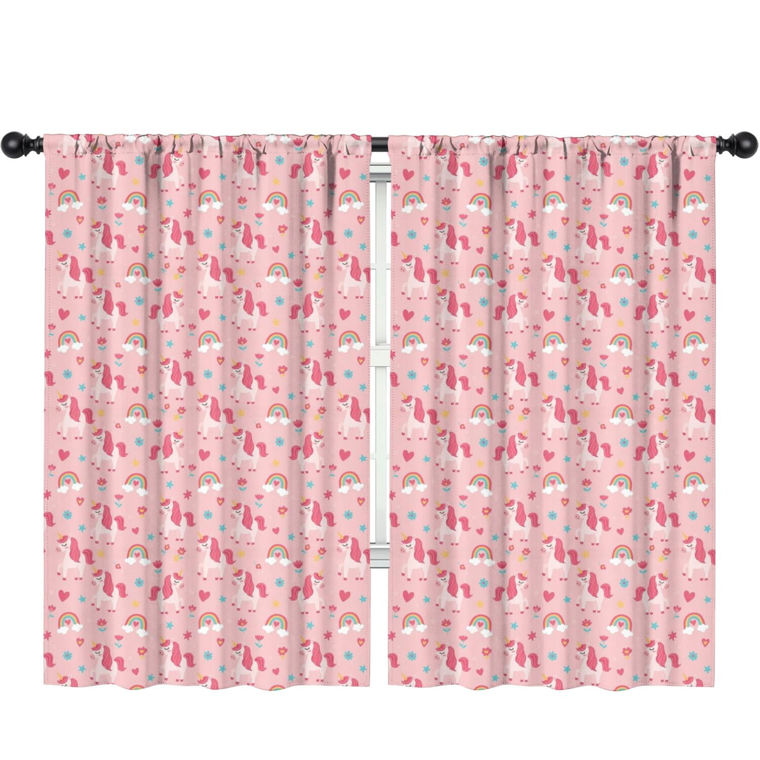 Blackout Kids Curtains,Pink Cartoon Unicorn Rainbow Heart Flower