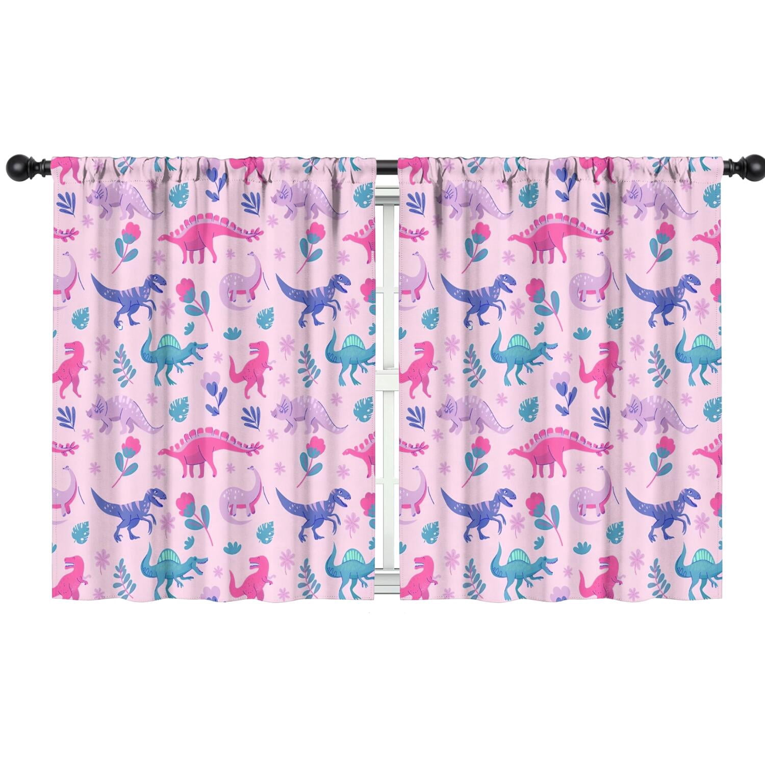 Blackout Kids Curtains,Pink Dinosaurs Flowers Leaves Pattern Childrens Insulated Curtains Set Of 2,Bedroom Essentials,Toddler Room Decor 42"x54"