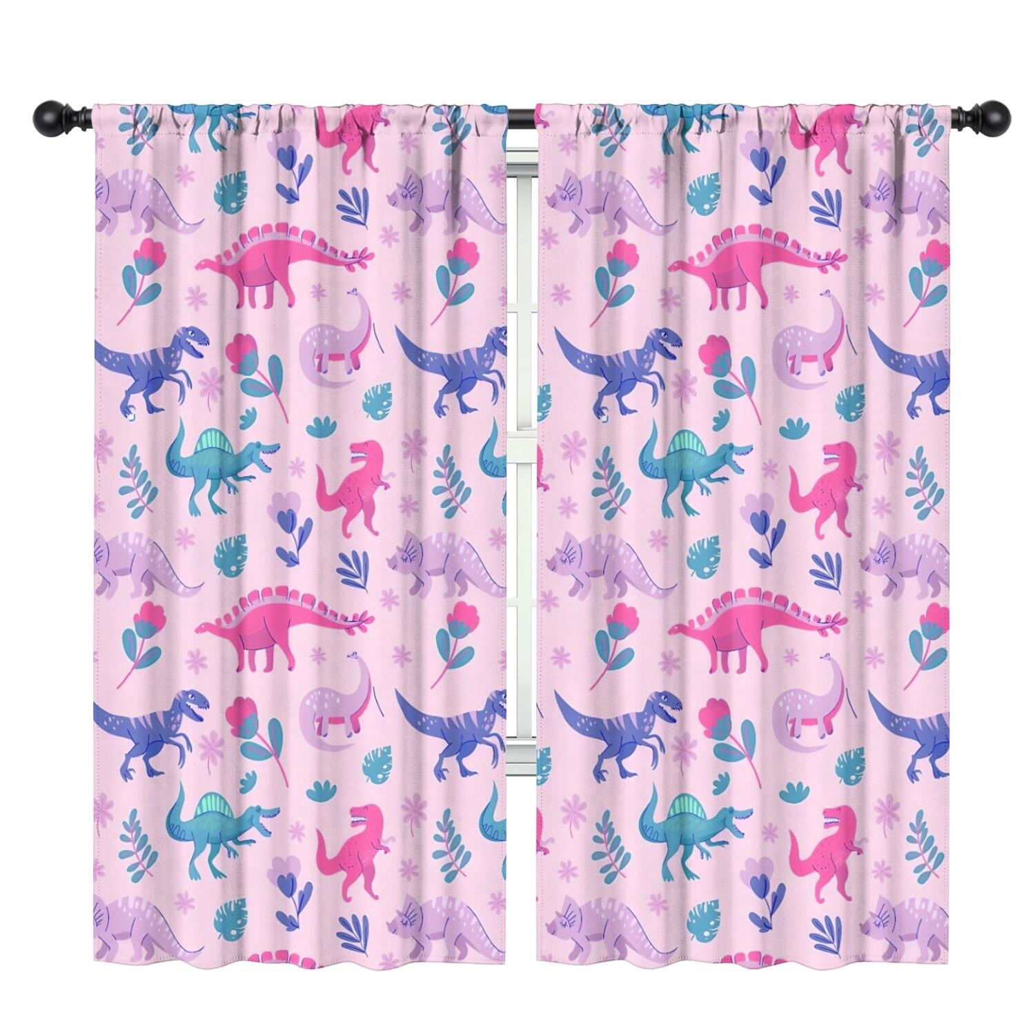 Blackout Kids Curtains,Pink Dinosaurs Flowers Leaves Pattern Childrens Insulated Curtains Set Of 2,Bedroom Essentials,Toddler Room Decor 42"x84"