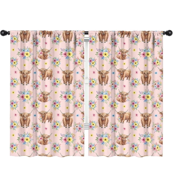 Blackout Kids Curtains,Pink Highland Cow Flower Pattern Childrens Insulated Curtains Set Of 2,Bedroom Essentials,Toddler Room Decor 52"x84"