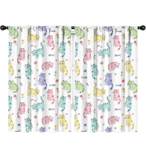 Blackout Kids Curtains,Rainbow Cat and Flower White Pattern Children's Insulated Curtains Set Of 2,Bedroom Essentials,Toddler Room Decor 52"x84"
