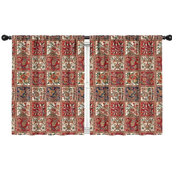 Blackout Kids Curtains,Red Boho Ethnic Floral Patchwork Pattern Childrens Insulated Curtains Set Of 2,Bedroom Essentials,Toddler Room Decor 42x54in(106x137cm)