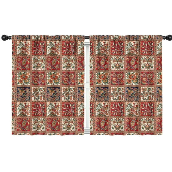 Blackout Kids Curtains,Red Boho Ethnic Floral Patchwork Pattern Childrens Insulated Curtains Set Of 2,Bedroom Essentials,Toddler Room Decor 42x54in(106x137cm)