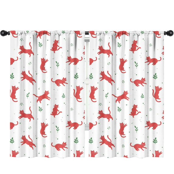 Blackout Kids Curtains,Red Cat and Leaf White Pattern Children's Insulated Curtains Set Of 2,Bedroom Essentials,Toddler Room Decor 52"x84"