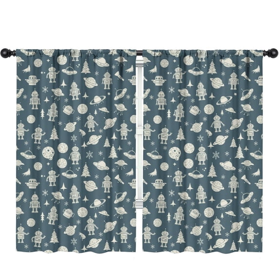 Blackout Kids Curtains,Robot and Ufos Blue Pattern Children's Insulated Curtains Set Of 2,Bedroom Essentials,Toddler Room Decor 52"x84"
