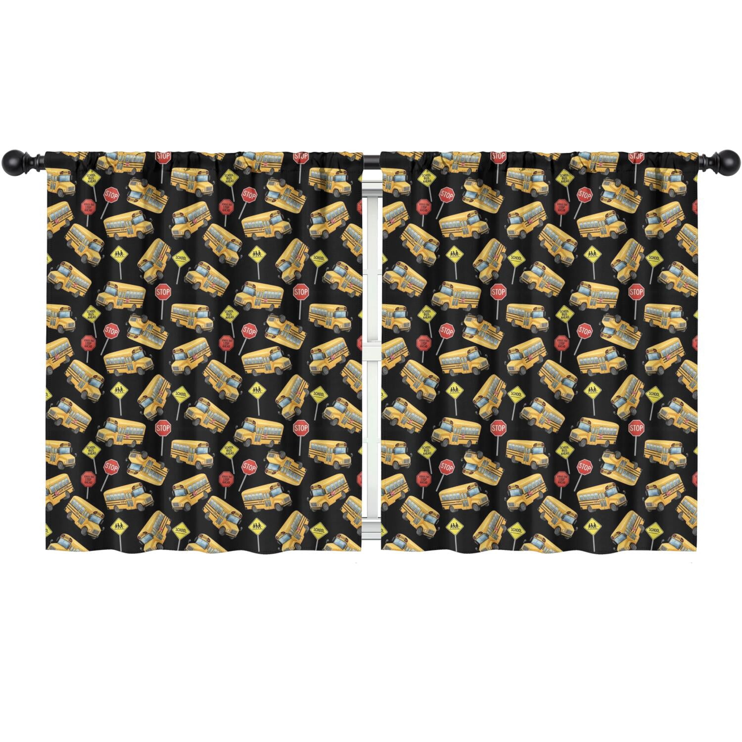Blackout Kids Curtains,School Bus and Traffic Signs Black Pattern ...