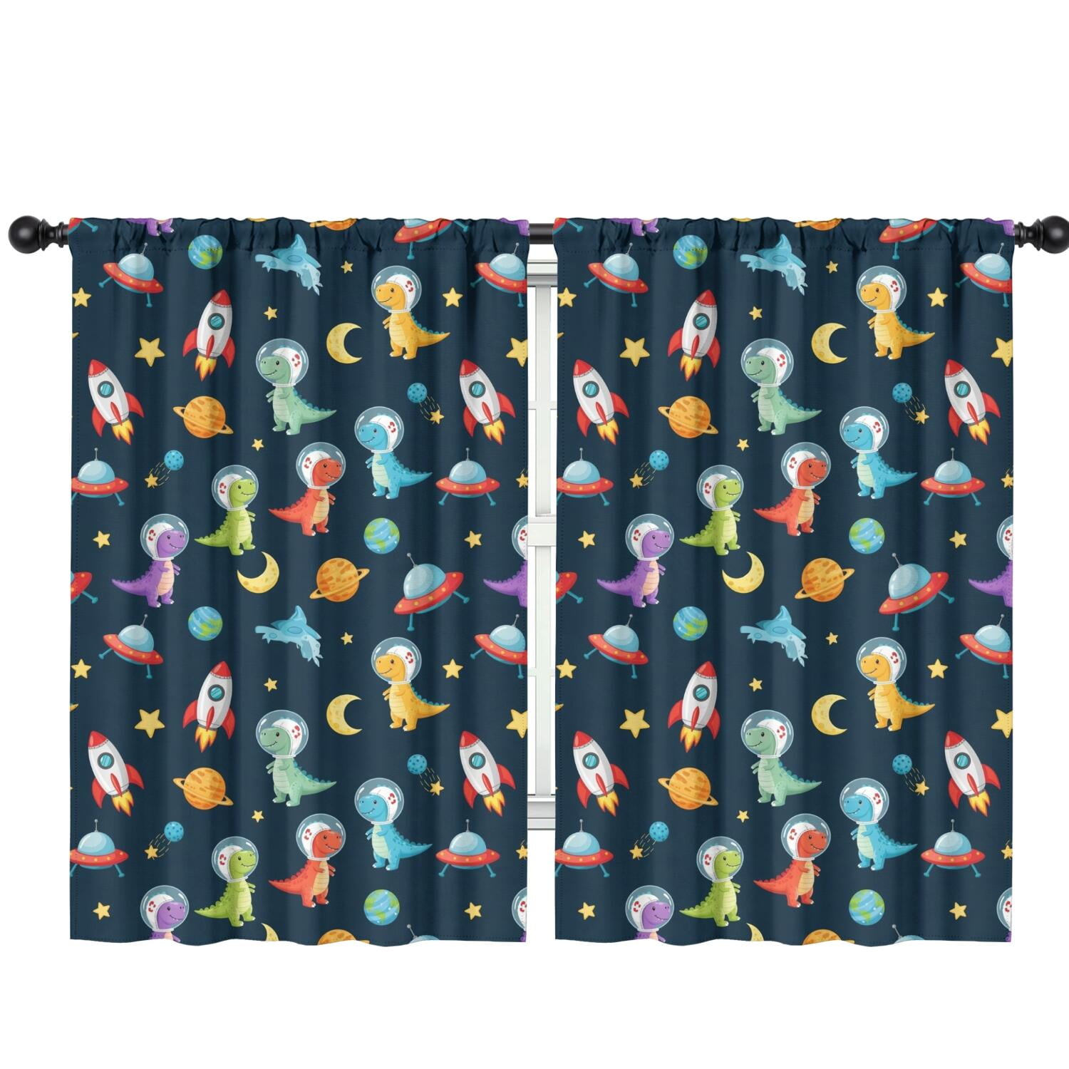 Blackout Kids Curtains,Space Dinosaurs Rockets Planets Childrens Insulated Curtains Set Of 2,Bedroom Essentials,Toddler Room Decor 42"x63"