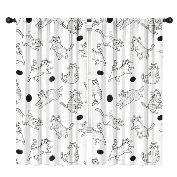 Blackout Kids Curtains,Striped Cat and Ball White Pattern Children's Insulated Curtains Set Of 2,Bedroom Essentials,Toddler Room Decor 42"x84"
