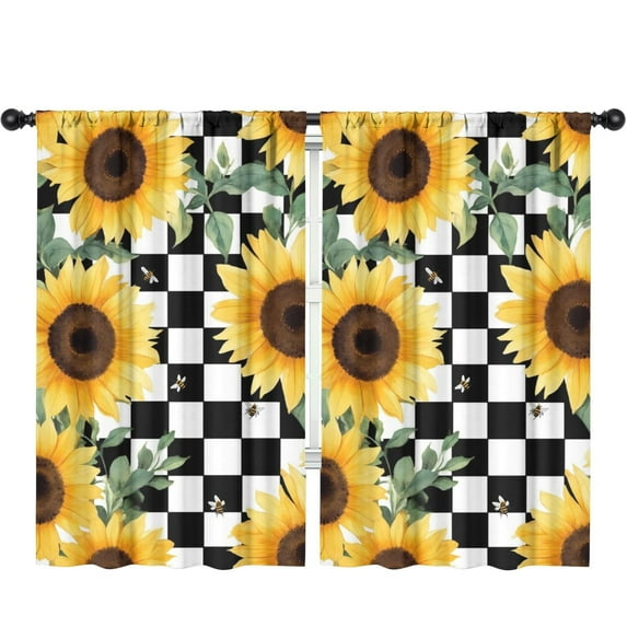 Blackout Kids Curtains,Sunflowers Bees Checkered Childrens Insulated Curtains Set Of 2,Bedroom Essentials,Toddler Room Decor 52x84in(132x213cm)