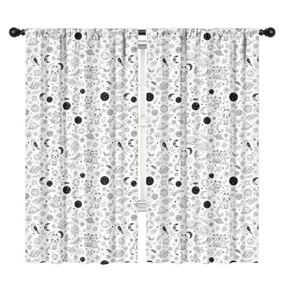 Blackout Kids Curtains,White Black Cat Planet Star Moon Pattern Childrens Insulated Curtains Set Of 2,Bedroom Essentials,Toddler Room Decor 42"x84"