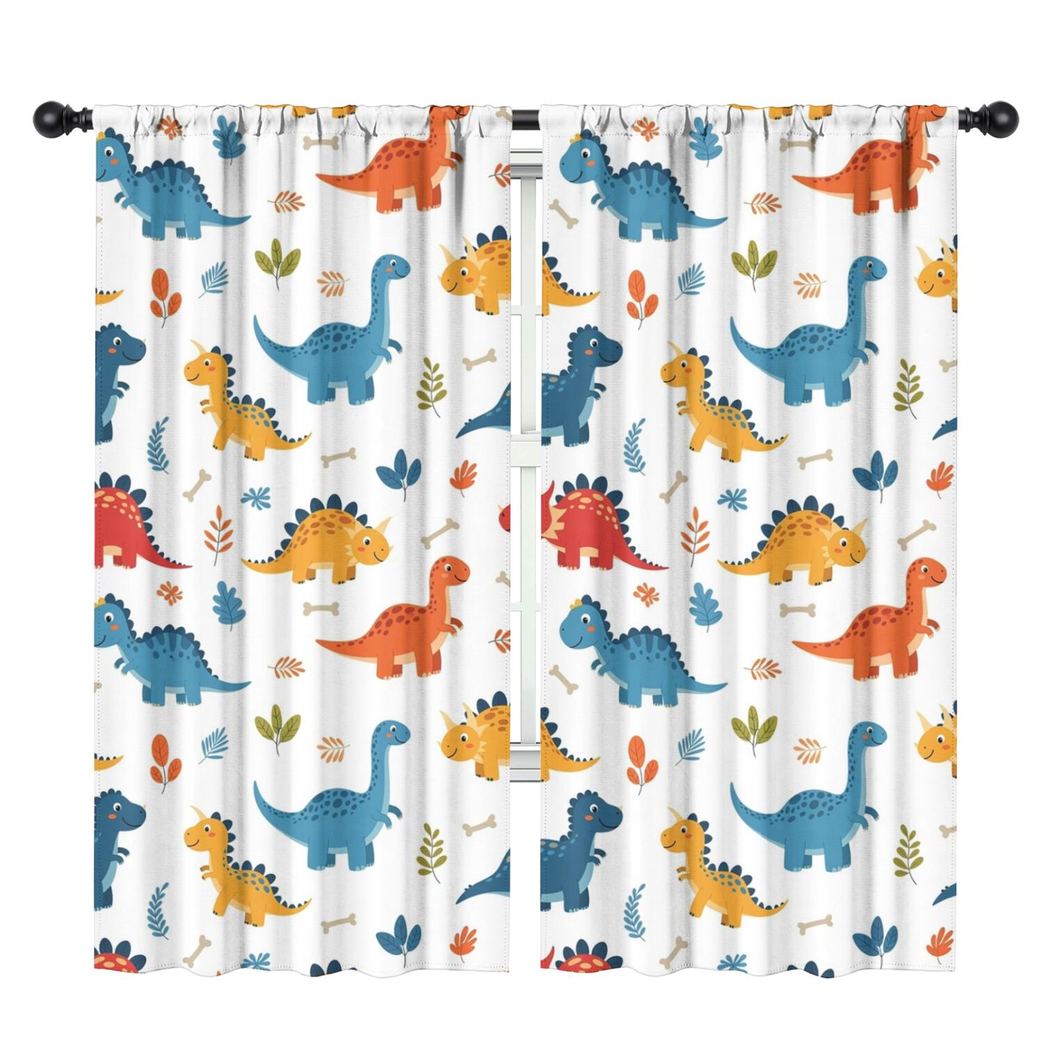 Blackout Kids Curtains,White Cartoon Dinosaurs Bones Pattern Childrens