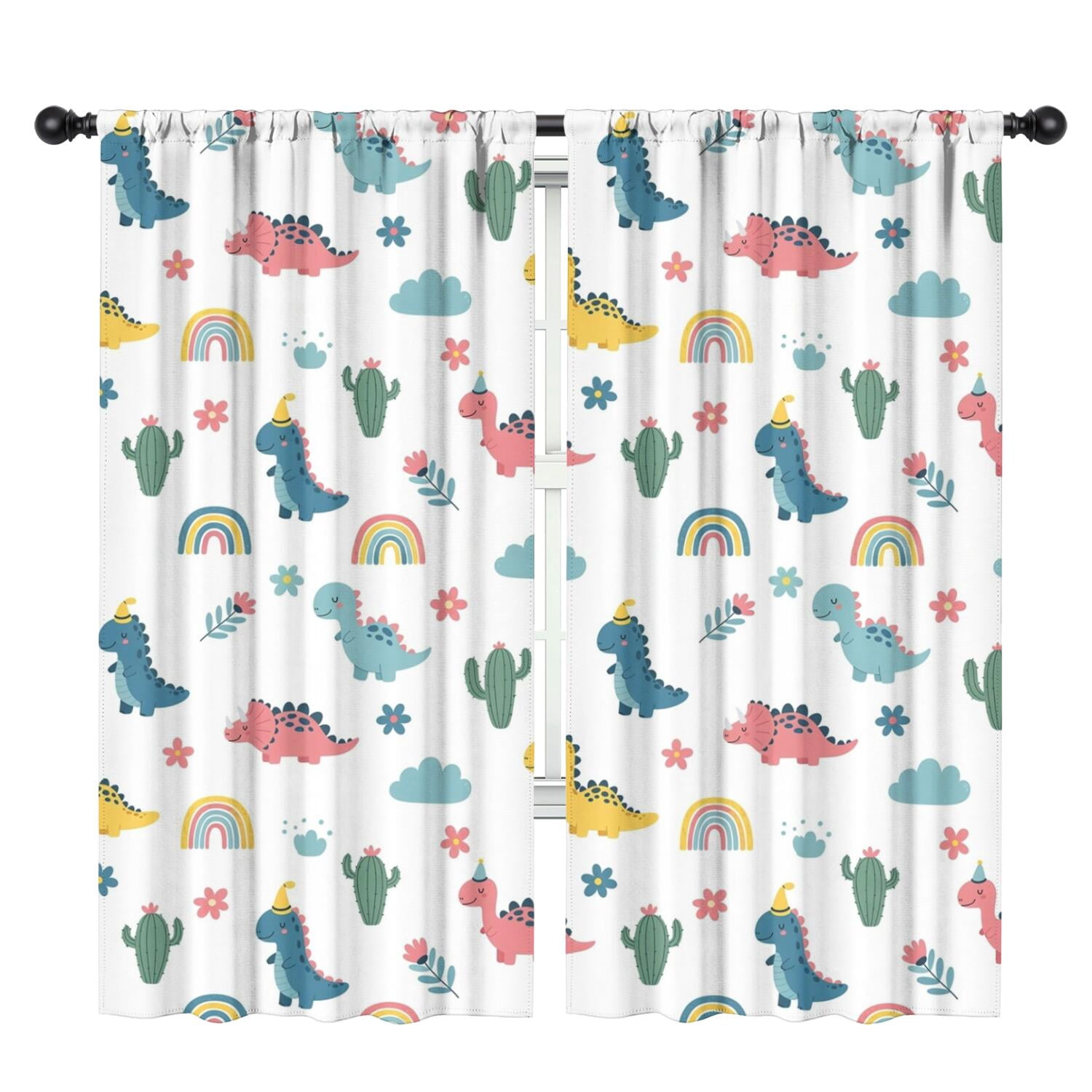 Blackout Kids Curtains,White Dinosaurs Rainbows Cacti Pattern Childrens Insulated Curtains Set Of 2,Bedroom Essentials,Toddler Room Decor 42"x84"