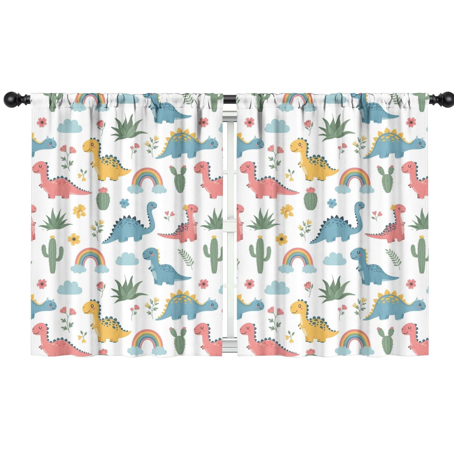 Blackout Kids Curtains,White Dinosaurs Rainbows Plants Pattern Childrens Insulated Curtains Set Of 2,Bedroom Essentials,Toddler Room Decor 42"x54"
