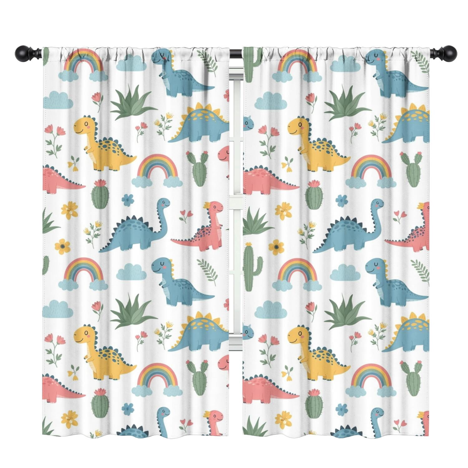 Blackout Kids Curtains,White Dinosaurs Rainbows Plants Pattern Childrens Insulated Curtains Set Of 2,Bedroom Essentials,Toddler Room Decor 42"x84"